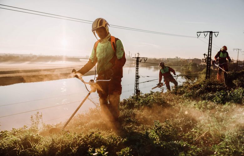 Drei Arbeiter in Schutzkleidung beseitigen bei Sonnenaufgang mit Freischneidern die Vegetation an einem grasbewachsenen Hang in der Nähe eines Flusses und von Bahngleisen.